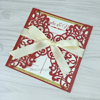 

50X Red Shimmer Laser Cut Wedding Invitations with Glittery Bottom and Ribbon Quinceanera Invitation DIY Invites for Anniversary