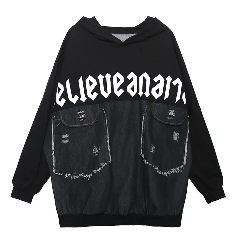 XITAO Tide Patchwork Burr Denim sweatshirt Letter Print Women Clothes Fashion Plus Size Hoodies Full Sleeve Top New WQR2103