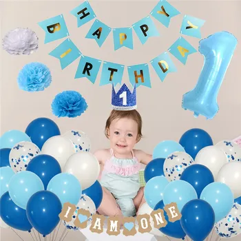 

Baby Boy Girl 1st Birthday Decorations, Creative Party Supplies Include Number 1 Balloons Crown Paper Flowers Tassels Burlap