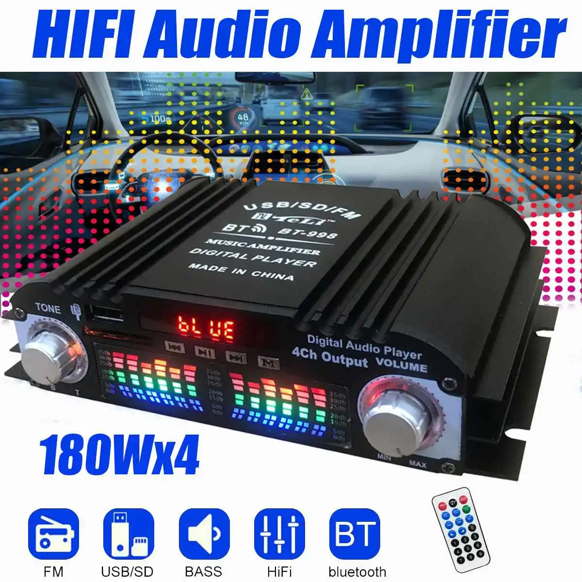 DC12V Bluetooth Amplifier Home Digital Amplifiers 180Wx4 Car Audio Bass Power Hifi FM USB SD Radio for Subwoofer Speakers | Электроника