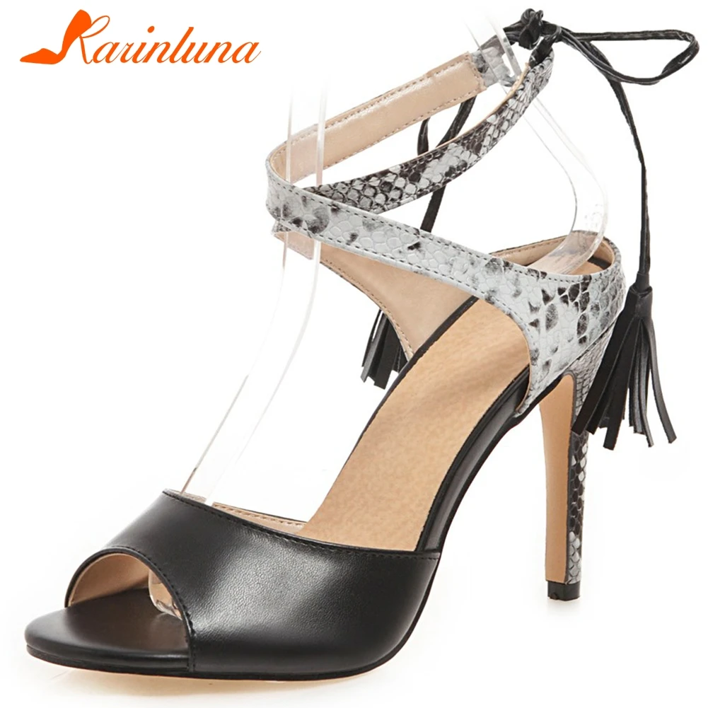 

KARINLUNA Sexy Female Wedding Sandals Snake Print High Thin Heels Ankle Strap Fringe Peep Toe Sandals Women Shoes Woman