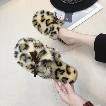

Fashion Leopard Winter Warm Fur Slippers Women Indoor Shoes Yellow Leopards Home Slippers Women's Bedroom Loafers Shoes chausson