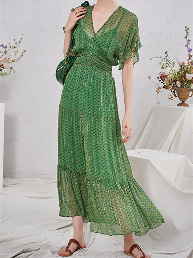 

2020 Women New Slik Long Dress Lady V Neck Holiday Beach Style Maxi Dress Spring Summer