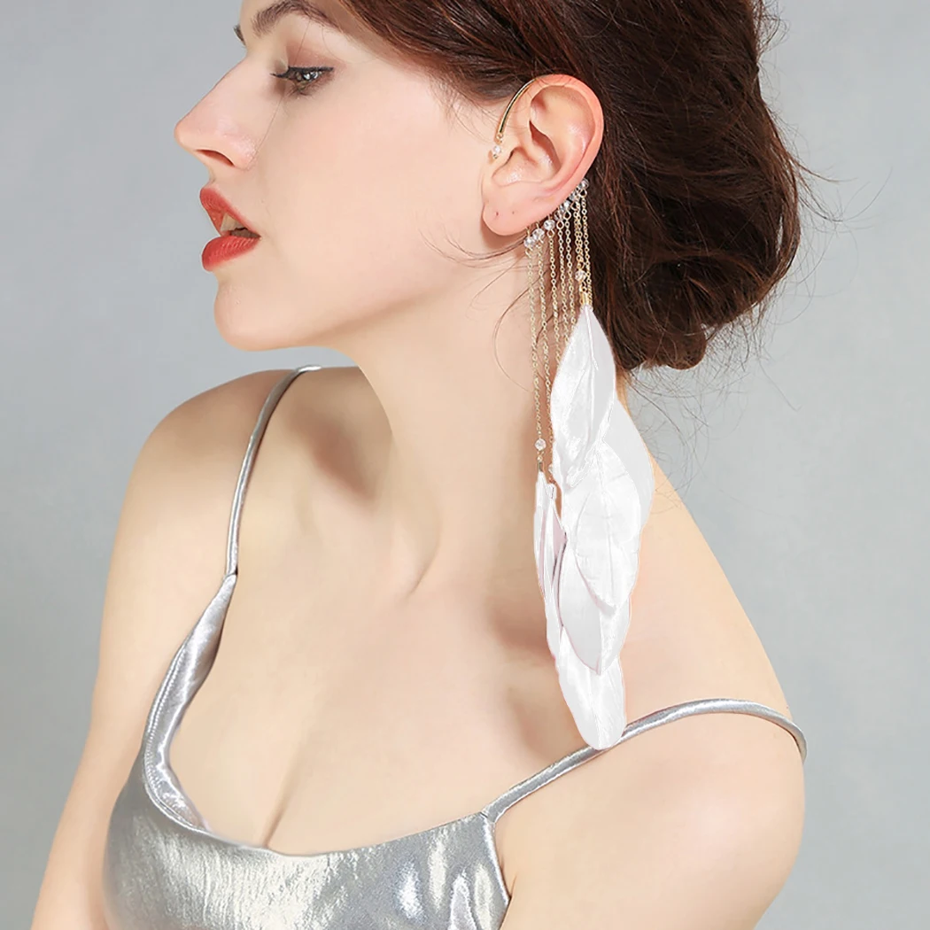 1 Pair Drop Earrings Women Non-Pierced Fake Feather Tassel Ear Clip Pendant Earrings No Ear Hole Earrings Fashion Jewelry