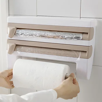 

New Kitchen Refrigerator Cling Film Storage Holder Tin Foils Paper Dispenser Cutting Rack Tin Foils Paper Cutter Organizer