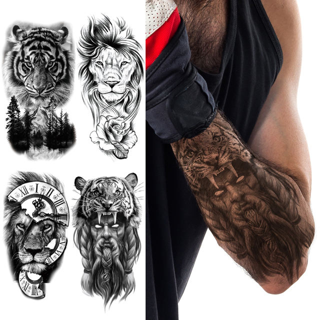 Arm Sleeve Tattoo Lion King Tiger Wolf Animal Fake Tatoo Sticker Sexy Black Waterproof Temporary Tattoos For Men Women Boys Girl Temporary Tattoos