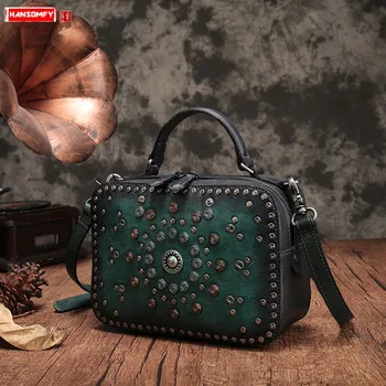 

Fashion Women Handbag 2020 New Retro Leather Small Square Bag Handmade Rivet Women Bag Cowhide Hand Ladle Shoulder Diagonal Bags