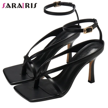 

SARAIRIS Ins Hot Female Sandals Thin Belt Ankle Strap Square Toe High Heels Sandals Women Handmade Square Toe Shoes Woman