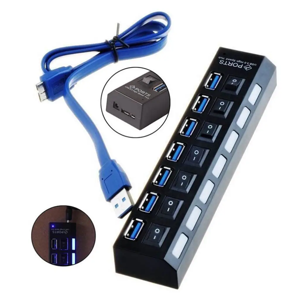 USB 3,0 концентратор 2,0 концентратор многопортовый usb-адаптер 7 портов расширитель несколько USB 3 Hab с адаптером питания USB3.0 концентратор с переключателем для ПК