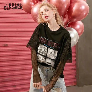 

ELFSACK Black Graphic Print Contrast Sequin Casual Women T-Shirt 2020 Spring Patchwork Sleeve Girly Korean Fake Two Pieces Top