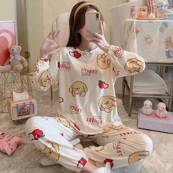 

Autumn Winter New Women Long Sleeve Pajamas Set Round Neck Cartoon Dog Print Pyjamas Set Female 2 Piece Home Sleep Wear Suit