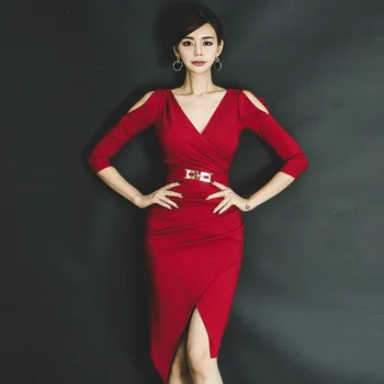 

HAYBLST Brand Dress Women 2019 Autumn Plus Size XL Sexy Deep V Red Dresses Elegant Vestidos Korean Style Fashion Slim Clothing