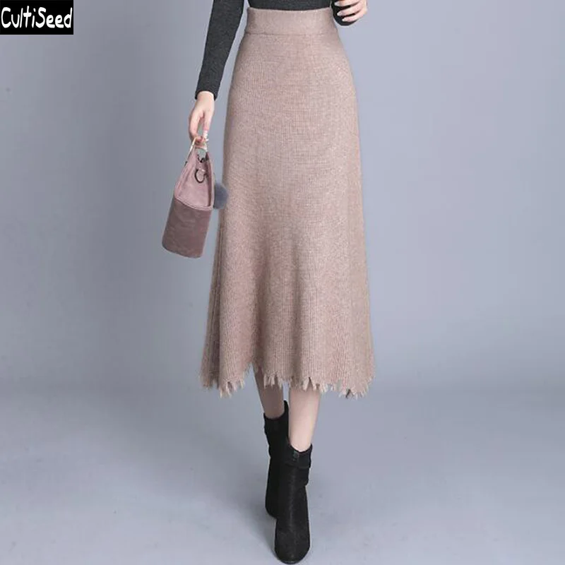 Женские осенне-зимние вязаные свитера юбки женские модные однотонные длинные юбки с эластичной резинкой на талии женские утолщающиеся юбки