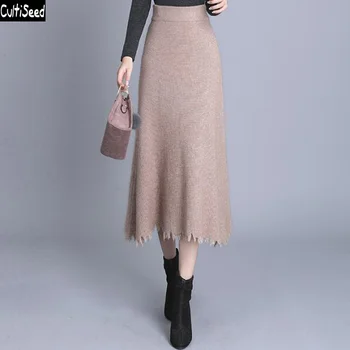 

2020 Women Autumn Winter Knitted Sweaters Skirts Female Fashion Elastic Waist Solid Color Long Skirts Ladies Thicken Skirts