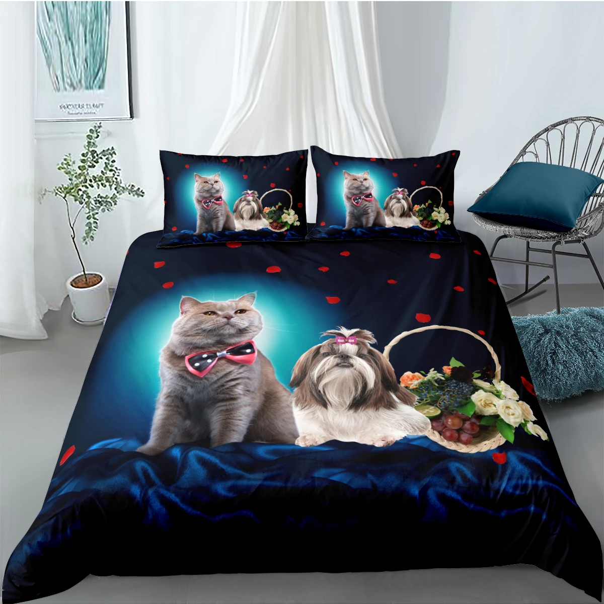 

3D Black Beddings Cat and Dog Duvet Cover Sets Animals Bed Linens Pillow Sham King Queen Super King Twin Double Size 203*230cm