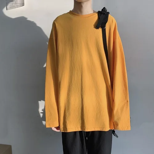 yellow Мужские футболки с длинным рукавом, большие размеры, круглый вырез, повседневная однотонная длинная футболка, Мужская Весенняя Осенняя свободная футболка, мужские топы, футболки 10 цветов - Цвет: yellow