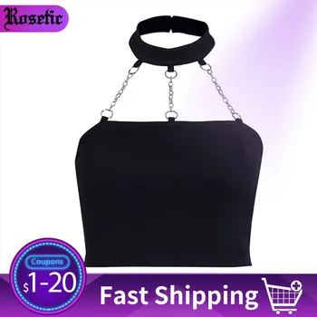 

Rosetic Gothic Sexy Tube Top Women Black Summer Punk Chain Design Halter Backless Summer HOT Lingerie Female Underwear Wrap Bras