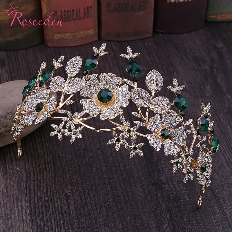 5 Colors Crystal Rhinestones Royal Princess Bridal Tiaras Crown Rhinestone prom Crowns Bride Wedding Hair Accessories RE3541 - Окраска металла: green