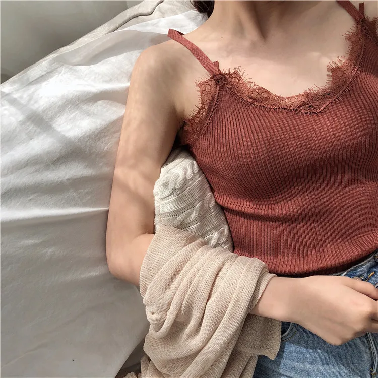 Вязаный укороченный топ, кружевное вязаное нижнее белье, женский укороченный сексуальный топ, вечерние летние топы без рукавов на бретельках, 4 цвета, V796