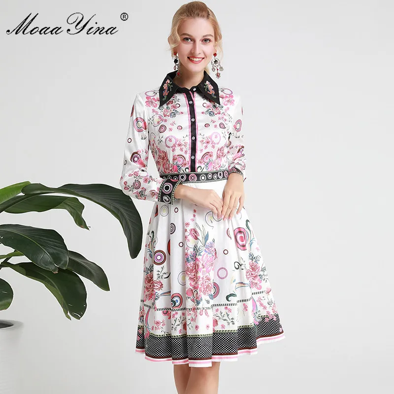 

MoaaYina Fashion Designer Runway dress Spring Autumn Women Dress Long sleeve Beading Sequin Floral-Print Elegant Dresses