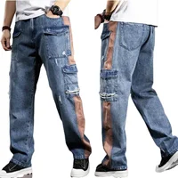 Multi-Pocket Loose Cargo Jeans Men Straight Fashion Wide-Legged Denim Pant Patchwork Baggy Jeans Size 29-40 1