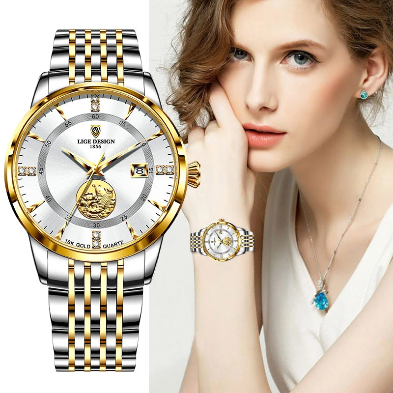 Lige Women Watch Luxury Brand Fashion Ladies Watch Elegant Gold Steel Wristwatch Casual Female