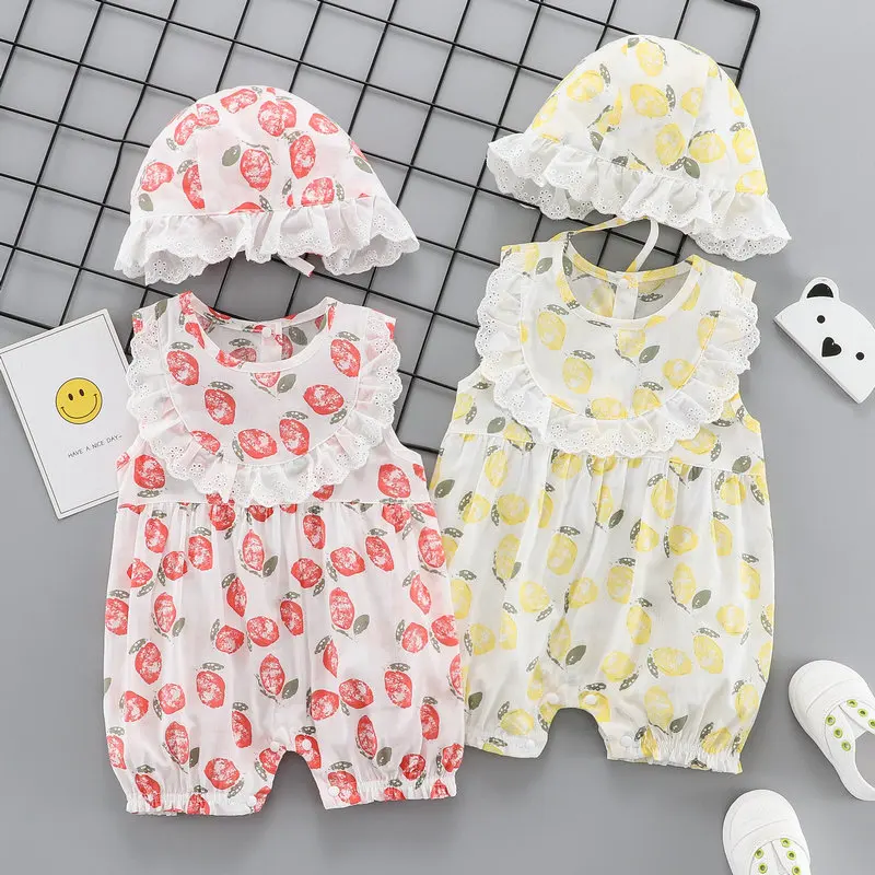 

Newborn Baby Summer Jumpsuit Infant Kids Sleeveless Romper Vest+Floral Hat Baby Clothes Sets Girls Tank Top Children's Outwear