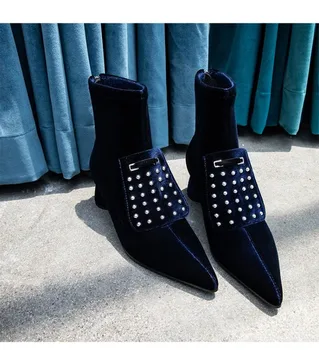 

Womens Pointed Toe Rivet Studs Ankle Boots Block Chunky Heel Back Zipper Velvet Leather Shoes Luxury Chelsea New Black Blue 2020