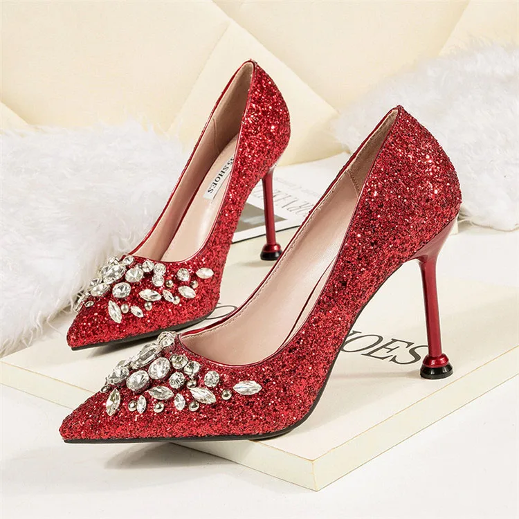 Свадебные туфли на высоком каблуке со стразами; цвет золотой, серебряный; Свадебная обувь; Туфли-лодочки; женская обувь; женские туфли на каблуке с острым носком; туфли на шпильке; sho - Цвет: red9.5cm