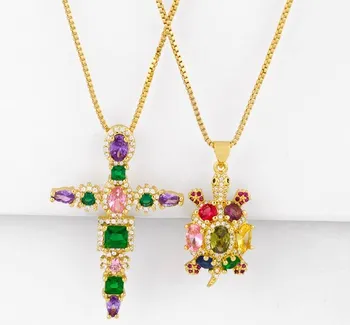 

cross tortoise multicolor micro pave cz zircon cubic zirconia necklace copper Clavicle gold plated Snake Chain Choker Pendant ws