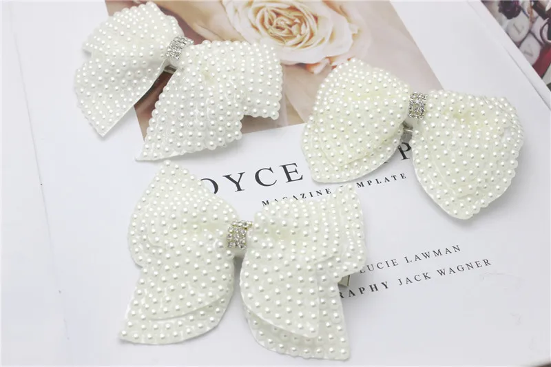 Women Girls Big Simulated-pearls Bowknot Rhinestones Hair Clips Handmade Ivory Pearls Flower Bow Barrettes Duck Clips For Party