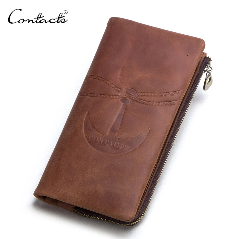 

Contact's New Crazy Horse Genuine Leather Wallets Vintage Men Wallet Brand Purse Card Holder Male Long Clutch With Zipper Pocket