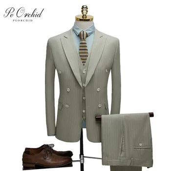 

PEORCHID Elegant Suit For Men 3 Piece Wedding Suit Light Green Pinstripe Formal Groom Tuxedo Suit Conjuntos Dos Homens