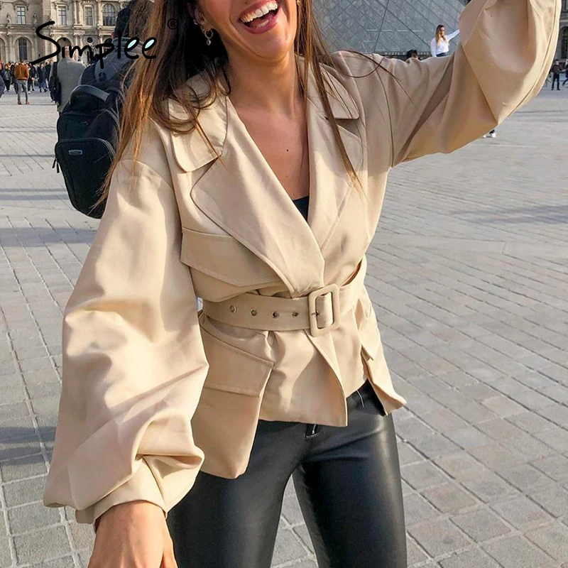 Simplee Lantern sleeve short jackets coats women Notched v neck autumn thin jacket female High waist belt pocket overcoat 2020