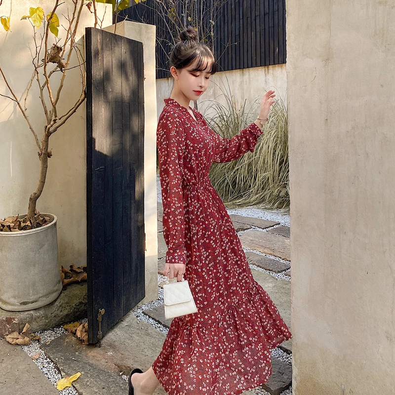 Весна-лето 2020 женское шифоновое платье винтажное с цветочным принтом длинным