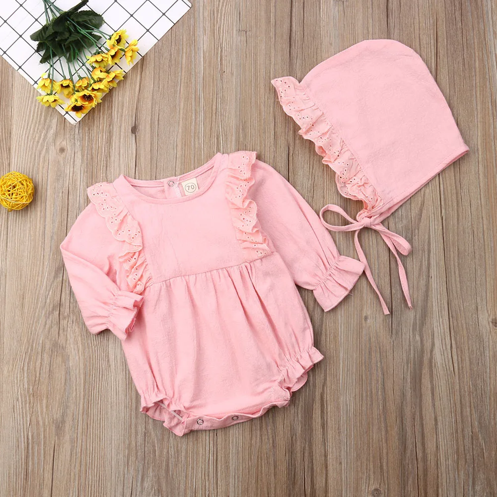 Toddler Newborn Baby Girls free shipping clothes Ruffle long sleeve round neck Bodysuit solid Bandage Hat 2pc autumn Outfits