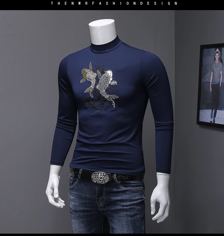Вышивка Повседневная футболка с длинным рукавом Половина Водолазка Slim Fit Мужская футболка модные мужские s эластичные футболки Плюс Размер 5xl