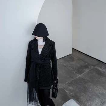 

Original High Street Autumn and Winter Suits Solid Contrast Color Patchwork Mesh Jacket Women