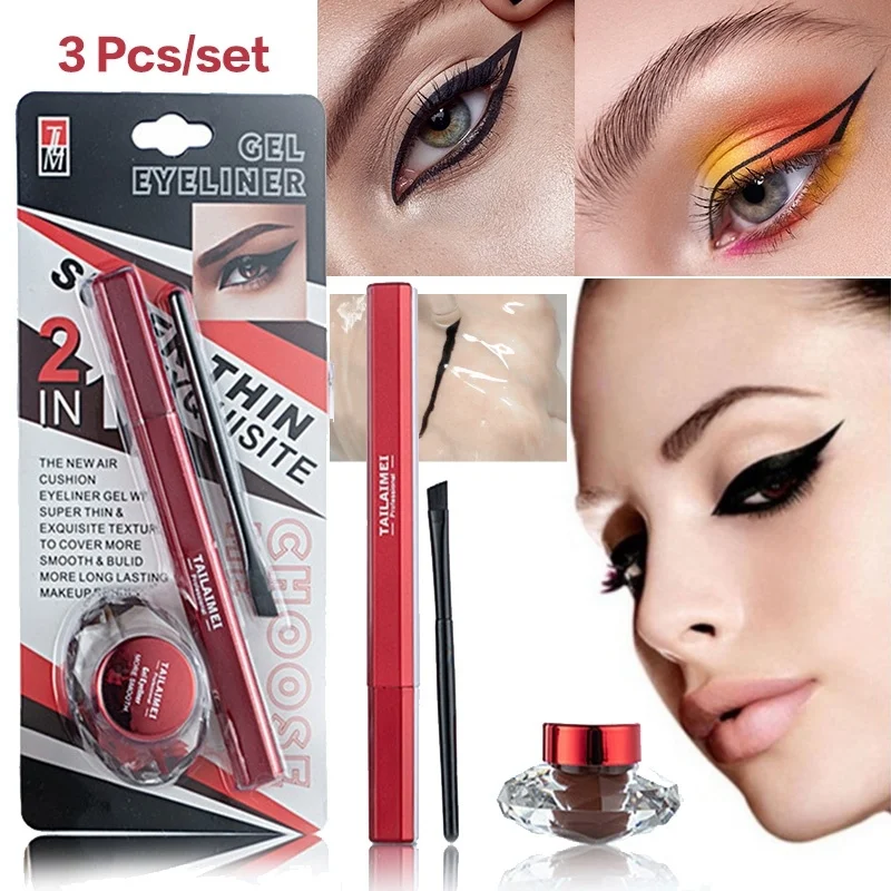 3Pcs Eye Makeup Set Black Eyeliner + Brown Gel with Brush Shiny Liners for Women Pigment Cosmetics Tools |