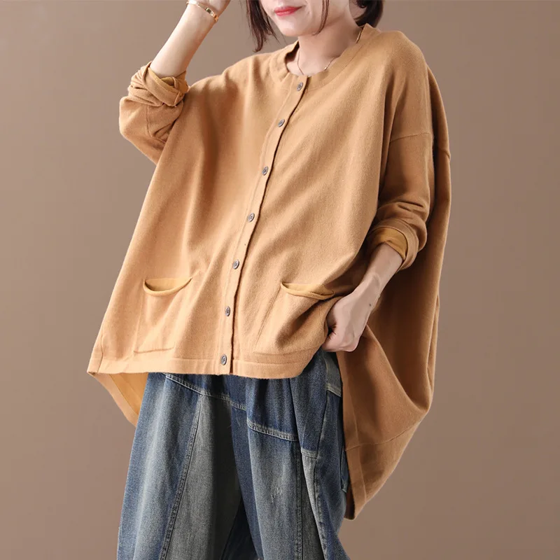 

[EWQ] 2020 Spring Autumn New Pattern Round Collar Long Sleeve Solid Knitting Single Breasted Vintage Sweater Coat Women AK49906