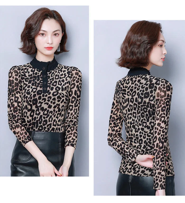 women Sexy shirt leopard print mesh top female shirts long sleeve clothing top Slim fit tee free shipping