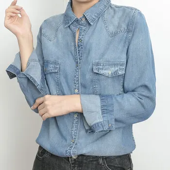 

2020 Autumn Spring Women Denim Basic Shirt Loose Casual Long Sleeve With 2 Pockets 100% Cotton Washed Blue Female Blouse Top
