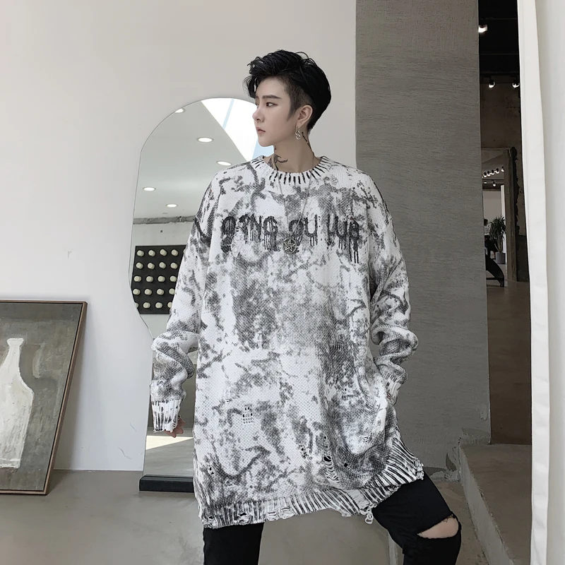 Male Women Streetwear Hip Hop Punk Gothic Bottom Sweater Men Autumn Winter Tie-dyed Hole Loose Casual Knitted Pullover Sweater