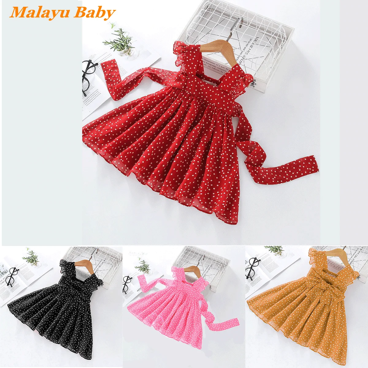 Malayu Baby Sweet Girls Princess Dress Summer New Fashion Child Chiffon Dot Ruffled Sleeveless Vestidos 2-6Y Kids Party Clothing | Детская