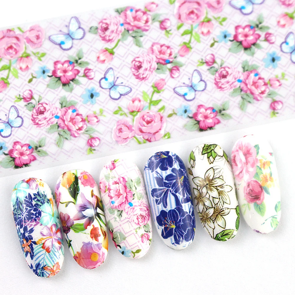 

10Pcs/Set Fashion Nail Foil Stickers Set Women For Nails Rose Blue Flowers Art Stick Decals Transfer Sticker Decoration DIY