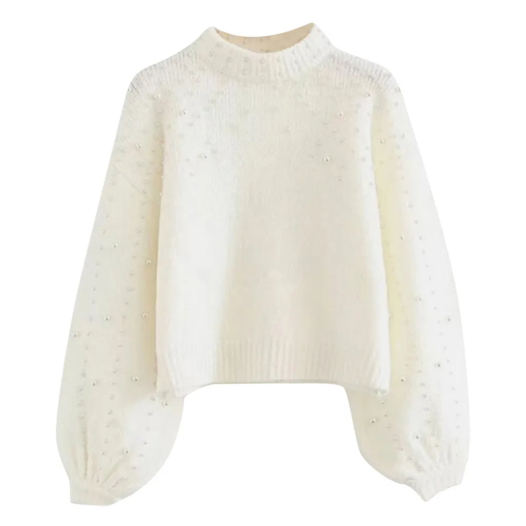 Женский свитер, Женский Повседневный свитер, крупной вязки, длинный рукав, круглый вырез, пуловер, однотонный теплый свитер с жемчугом#45 - Цвет: White