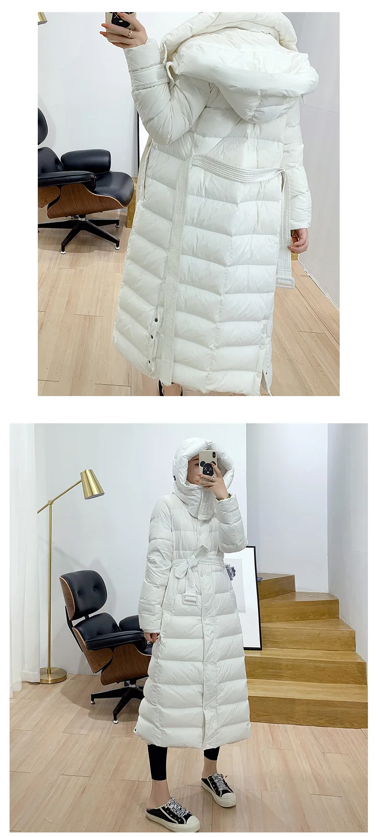 Новая женская одежда зимнее длинное пальто-Парка выше колена элегантное женское белое пуховое пальто зимнее теплое тонкое пальто с капюшоном