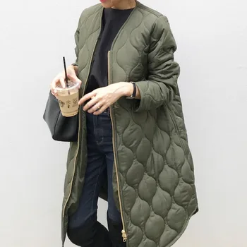 

Autumn Cotton Padded Jacket Office Ladies Thick Warm Solid Green Zipper Retro Causal Long Parkas Winter Coat Outwear Overcoat