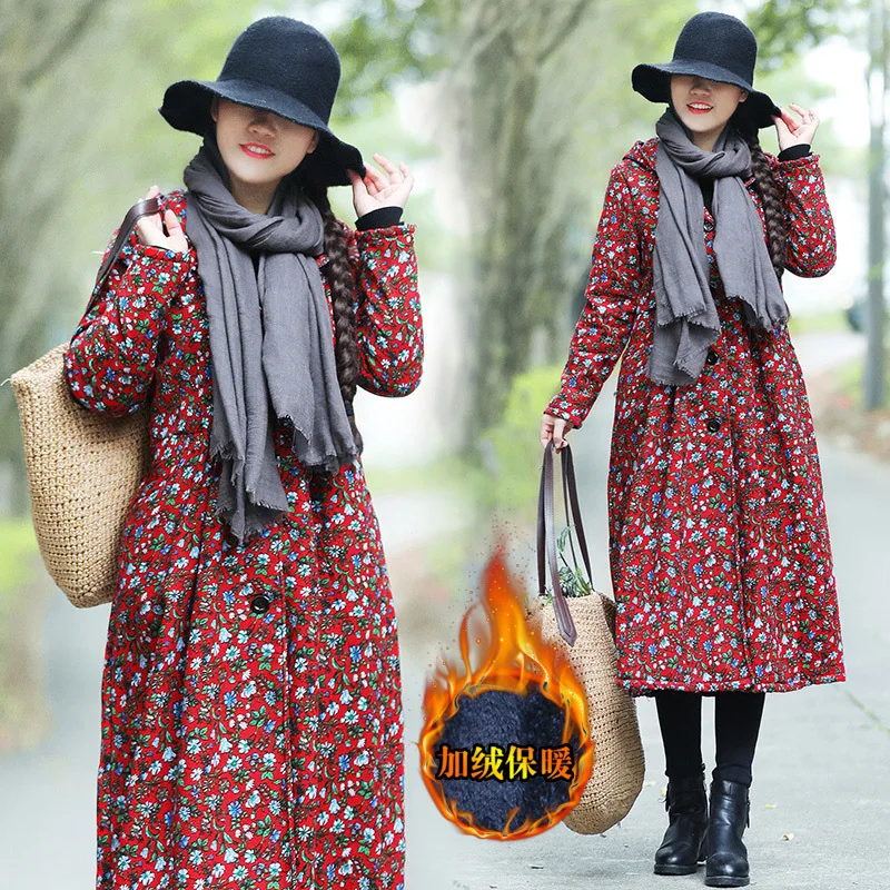

2019 Winter New Style National Style Floral-Print Cotton Linen Large Size Mid-length Waist Hugging Hooded Brushed And Thick Coat