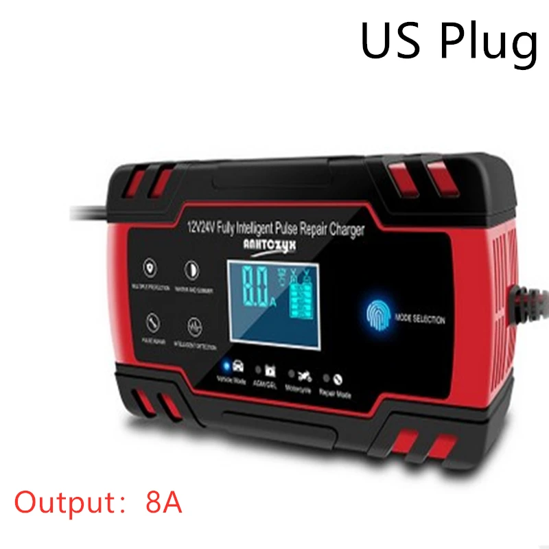 Полностью автоматическая машина для автомобиля Батарея Зарядное устройство Мощность импульсный ремонт Зарядное устройство s Влажная и сухая свинцово-кислотный Батарея-Зарядное устройство цифровой ЖК-дисплей Дисплей 12 V/24 V 8A - Цвет: Red-US Plug